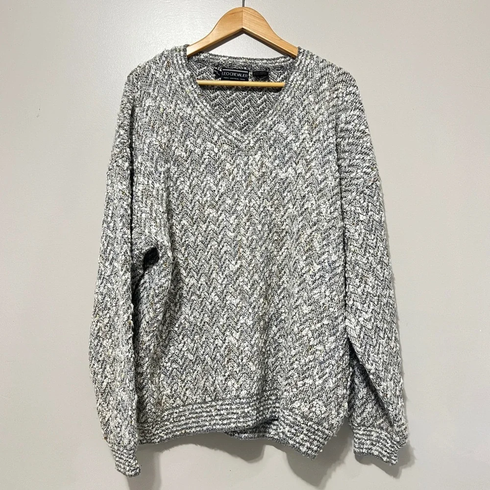 Leo Chevalier Oversized Chevron Knit V-Neck Sweater Grey White Marl Pullover 2XL - Picture 2 of 12
